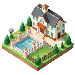 vector of a grand luxury house with garage, garden, fountain, and fences, isometric perspective, white background
