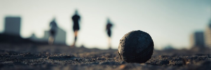 Urban Cricket Ball on Rough Earth Playground with Blurred Runners Symbolizing Community Sports Revival and Grassroots Teamwork in City Spaces