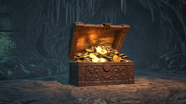 Old wooden treasure chest opened wide with glowing golden coins inside dark cavern, symbolizing ancient riches, adventure, greed, fantasy lore, and hidden prosperity