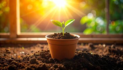 plant in the ground with sunrays in garden