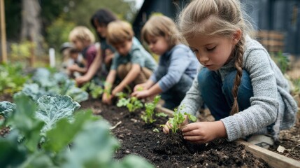Children and their teacher plant seedlings in a raised garden bed on a sunny day learning about nature and sustainability.