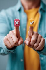 Naklejka na ściany i meble Modern business decision making concept with check and cross symbols on virtual interface, digital voting choice for consulting and crisis management