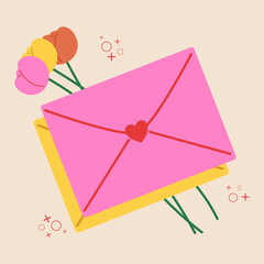 Cute illustration of a pink love letter envelope with a red heart seal, paired with a yellow envelope underneath and colorful tulips flowers in the background greeting card