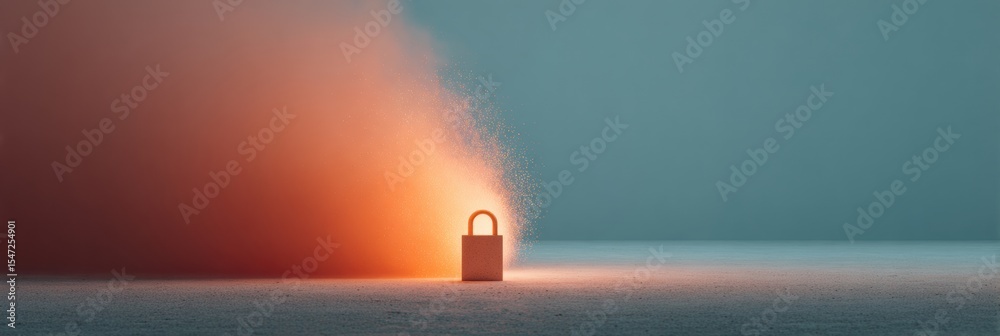 Poster futuristic cybersecurity padlock exploding in sparks with data vault fragments in dark ambient setti
