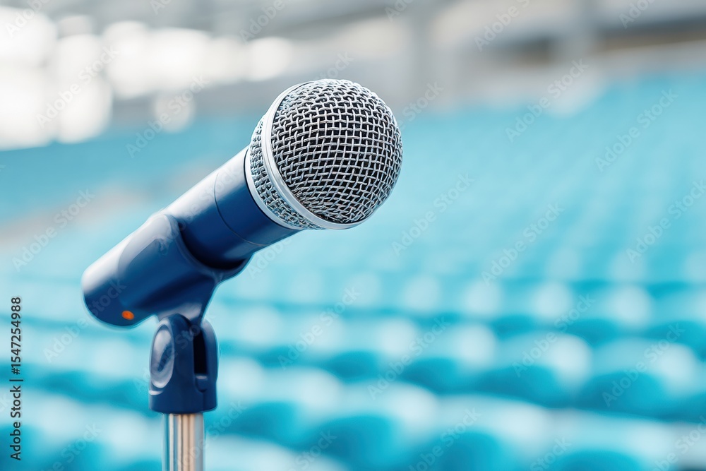 Aufkleber Close-up of microphone on stand in empty modern auditorium with blurred seating, symbolizing open dialogue and community engagement for events