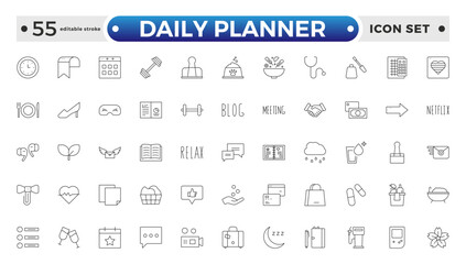 Daily Planner Outline icon set. Containing schedule, to-do list, task, manage time, planner, calendar, delegation, reminder, timer, set priorities and Time management. Editable stroke outline icon.
