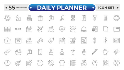 Daily Planner Outline icon set. Containing schedule, to-do list, task, manage time, planner, calendar, delegation, reminder, timer, set priorities and Time management. Editable stroke outline icon.
