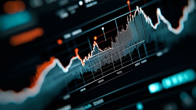 Financial market data visualization showing trading chart with candlestick pattern and line graphs in blue and orange tones on dark background.