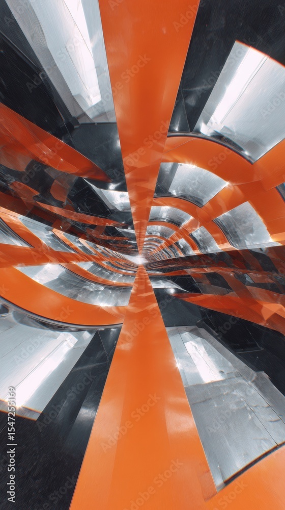 Poster futuristic orange and silver tunnel abstract with reflective metallic surfaces for modern architectu