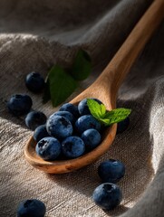 Fresh Blueberries with Mint Leaf on Wooden Spoon over Woven Textile for Superfood Marketing and Antioxidant-Rich Healthy Snack Promotion