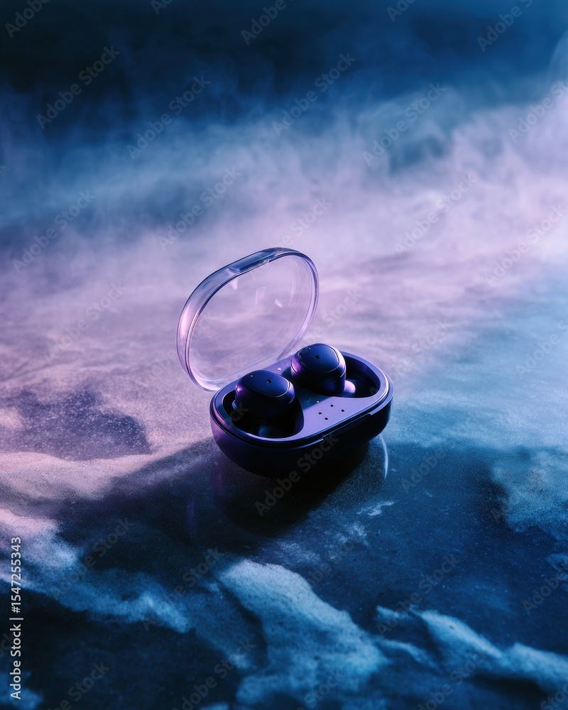 Poster Modern Wireless Earbuds in Open Charging Case with Transparent Lid, Minimal Tech Design Symbolizing Convenience and Digital Audio Lifestyle