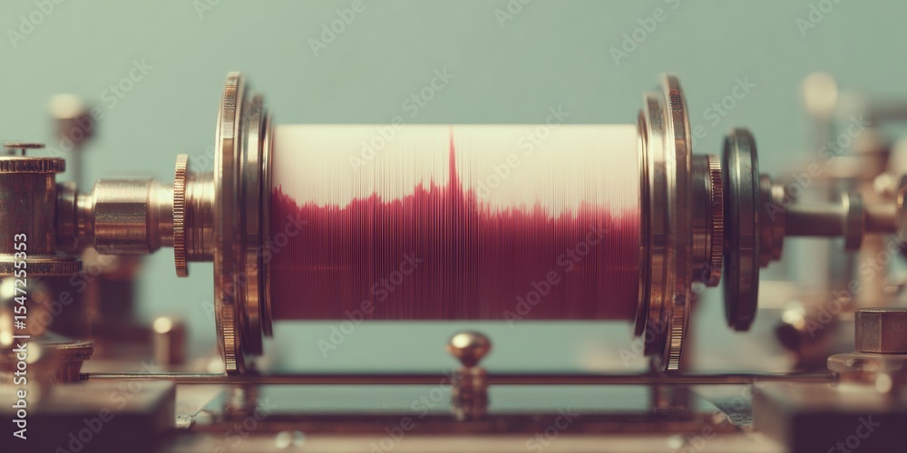Poster Vintage Seismograph Machine Recording Earthquake Tremor with Red Ink Graph on Rotating Drum - Scientific Data Monitoring for Research and Analysis
