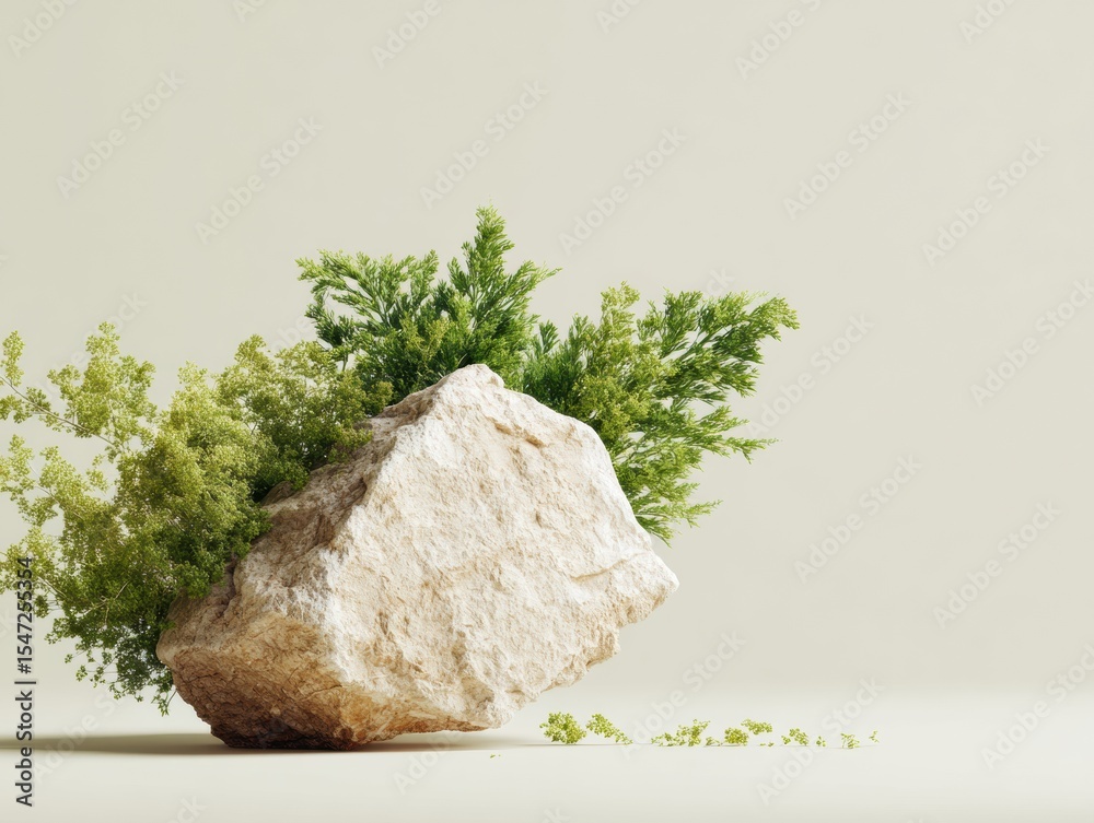 Poster solid rock with greenery on neutral surface minimalist nature-inspired texture for strength, resilie