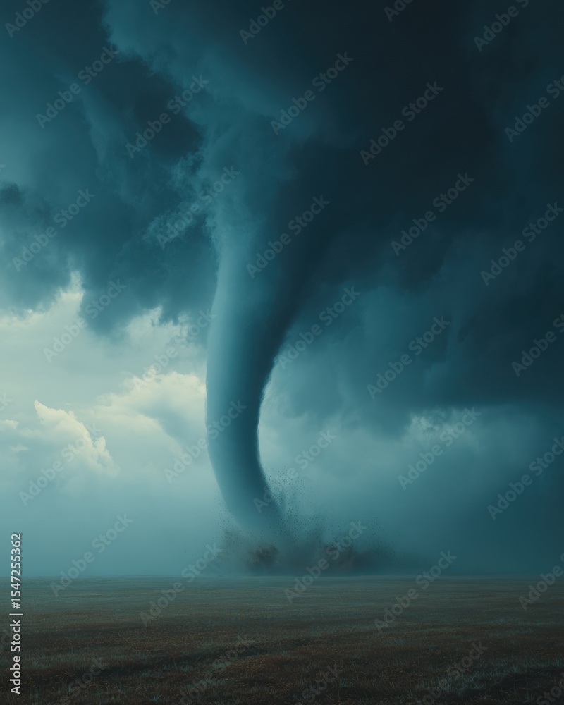 Poster dramatic tornado touchdown over flat field with low-hanging storm clouds highlighting severe weather