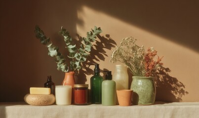 Sustainable Lifestyle Still Life with Zero Waste Pantry Essentials and Natural Dried Botanicals in Warm Mocha Light for Eco-Friendly Living