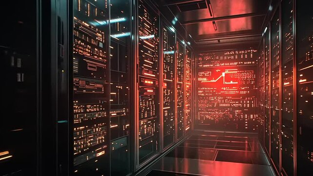 Futuristic server room illuminated by red lights, showcasing advanced technology and data processing - Powered by Adobe