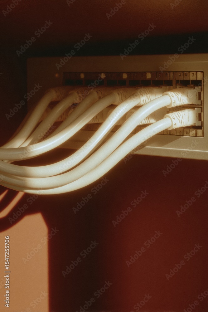 Fototapete warm-toned optic fiber and ethernet cables connected to server panel in modern digital infrastructur