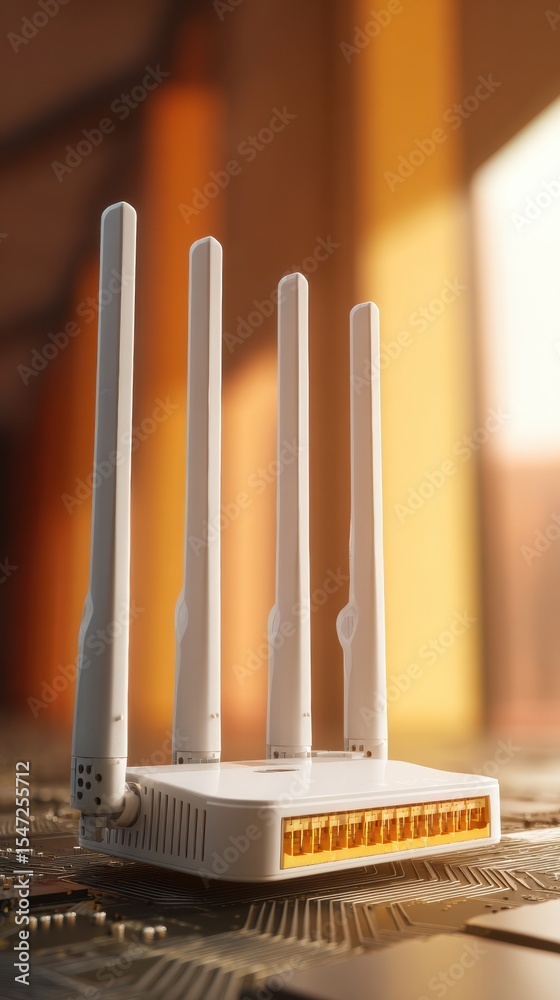 Poster modern 5g router with four antennas on circuit board featuring advanced network graphics for secure 