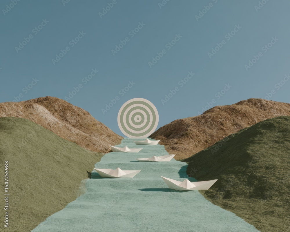 Poster Minimalist Exit Strategy with Paper Boats Navigating Winding Path and Target Symbol for Strategic Business Planning
