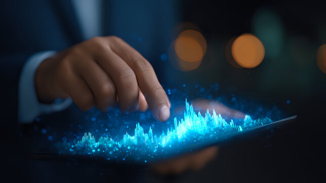 Glowing blue financial chart emerging from digital tablet with businessman hands in dark setting, depicting market analysis and trading technology.