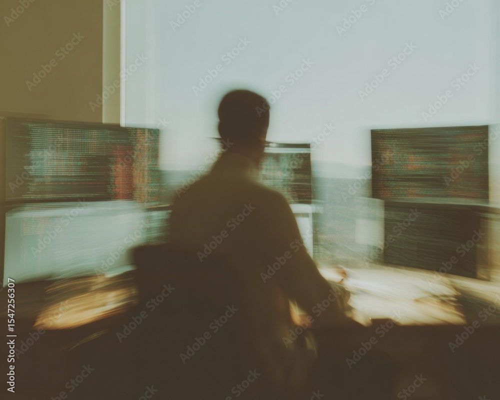 Leinwandbilder Blurred Hacker in Dark Room Analyzing Crypto Trading Data on Multiple Screens - Cybersecurity and Financial Fraud Prevention Concept