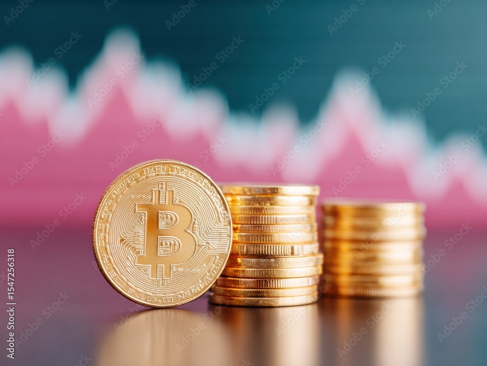 Poster bitcoin gold coins on reflective surface with declining crypto market chart - financial volatility a