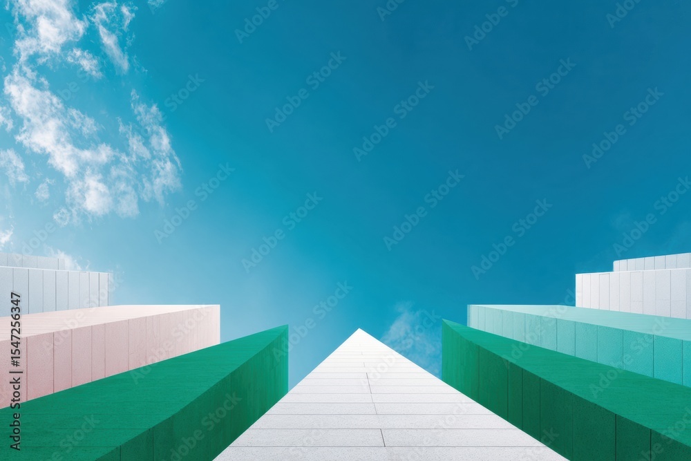 Poster Futuristic Architectural Arrows Pointing Skyward in Minimalist Cityscape Symbolizing Innovation and Forward-Thinking for Technology and Branding