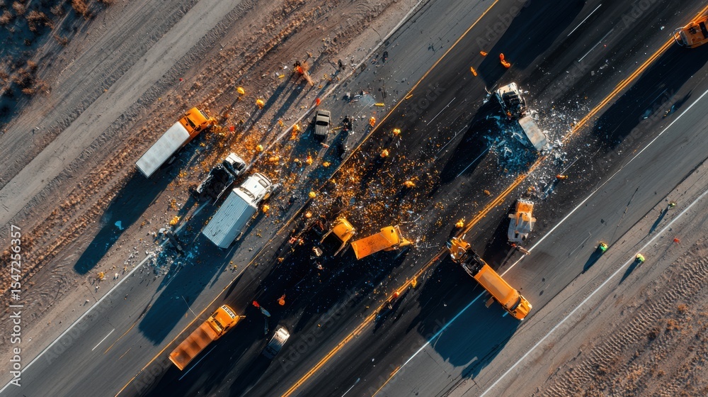 Aufkleber aerial view of multi-vehicle highway crash with emergency responders and debris scattered for transp