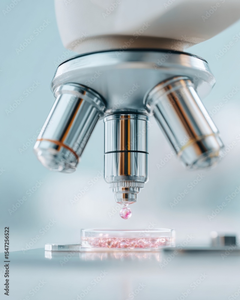 Poster close-up of modern metallic microscope with pink liquid drop on petri dish in scientific lab showcas
