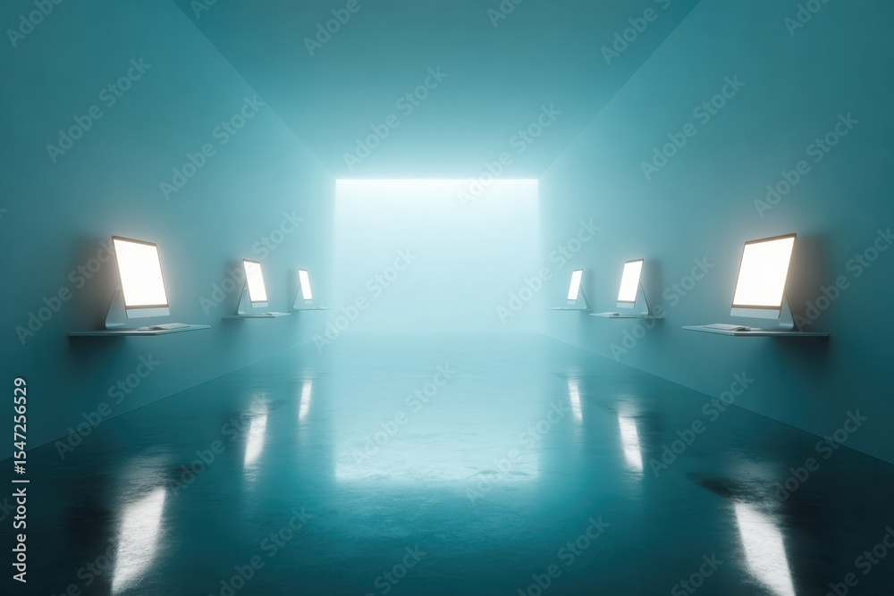 Poster modern corporate computer lab with minimalist workstations in a futuristic blue room symbolizing dig
