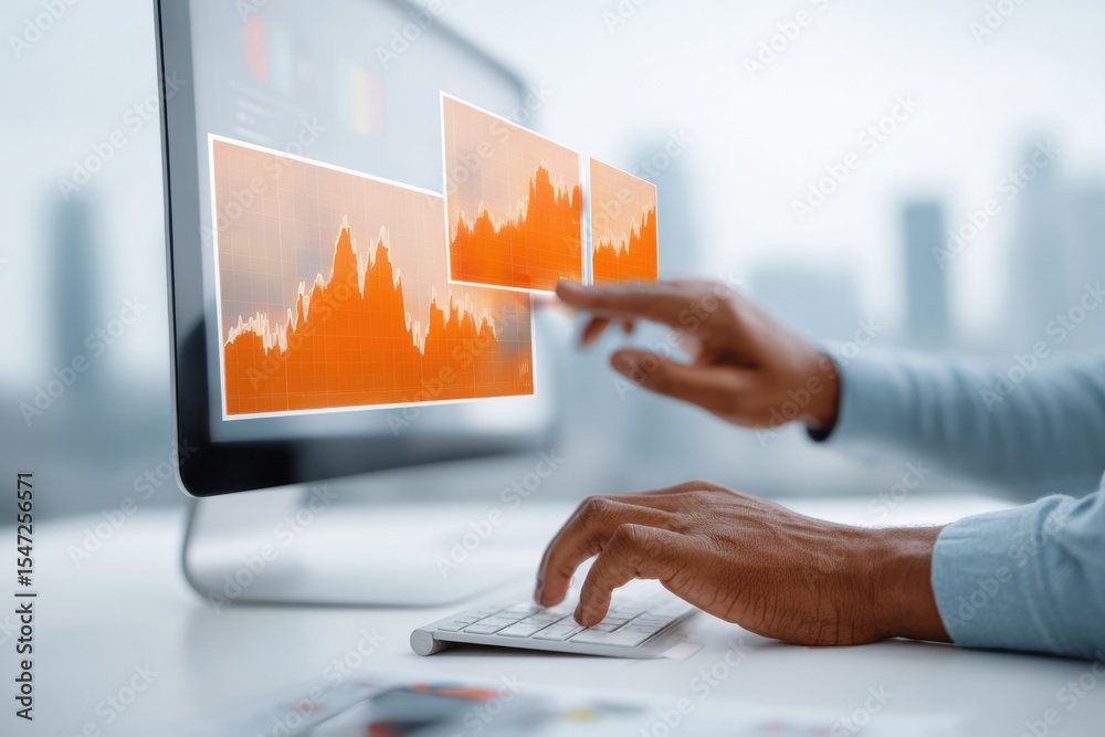 Leinwandbilder futuristic trading interface with dynamic financial graphs on desktop in urban office for algorithm-