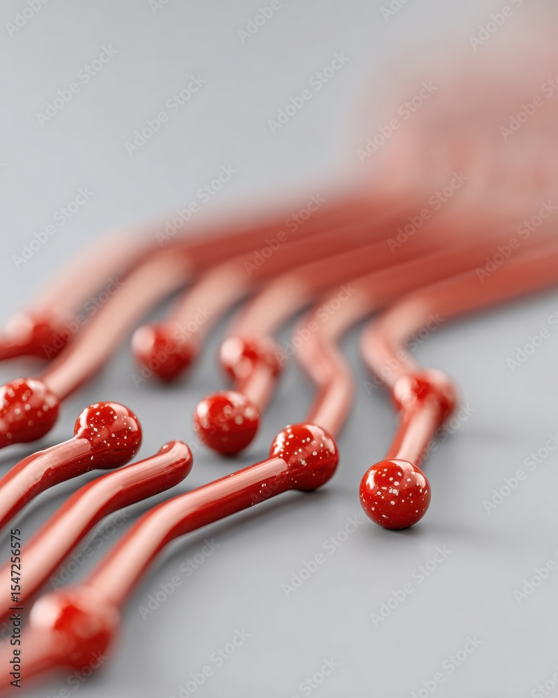 Poster abstract digital circuitry with red node elements and flowing lines representing complex algorithmic