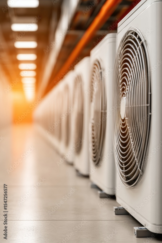 Poster modern data center cooling units with advanced ventilation in utility aisle showcasing energy effici
