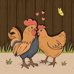 rooster and hen in the tich yard vector sketch illustration. hens in love walking in the yard vector