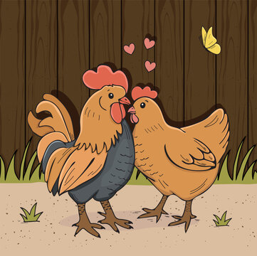rooster and hen in the tich yard vector sketch illustration. hens in love walking in the yard vector