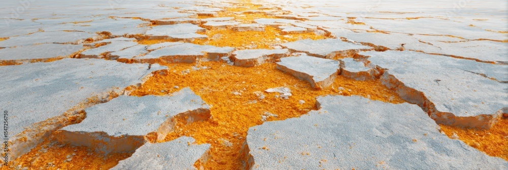 Poster urban concrete pavement failure with jagged cracks and fissures close-up, symbolizing structural wea