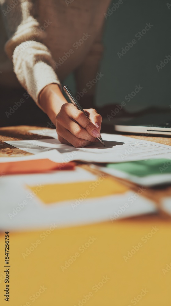 Poster modern executive hand marking boxes on digital checklist with laptop and office supplies for busines