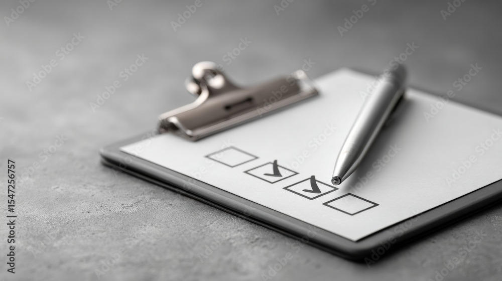 Poster Modern Clipboard with Completed Checklist and Silver Pen on Concrete Surface for Efficient Task Management and Organized Workflow in Business Settings