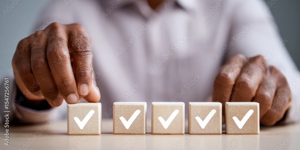 Poster Hands Stacking Checkmark Blocks in Minimalist Style Showing Systematic Completion and Milestone Progress for Business and Goal Planning