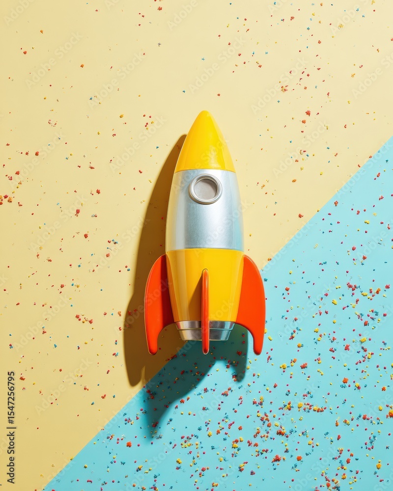 Poster retro metallic toy rocket on colorful confetti background symbolizing creative product launch and ce