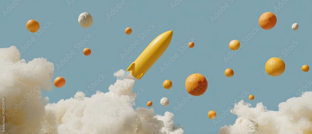 Poster futuristic commercial rocket deploying mini-satellites in low earth orbit with ocean and clouds belo