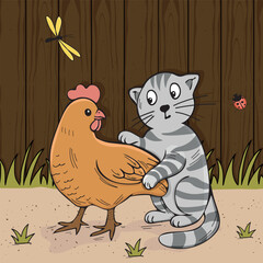 chicken and cat playing in the yard vector