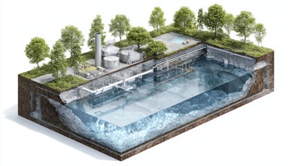 Cross-section of a sustainable industrial facility with a geothermal pool, showcasing eco-friendly energy and environmental consciousness.