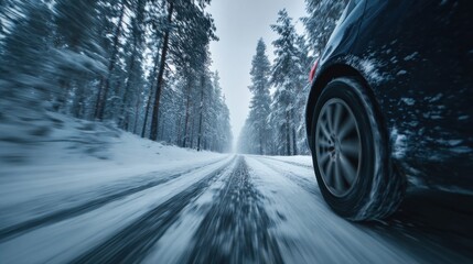 A car speeding on a snowy forest road, winter landscape in motion blur, symbolizing momentum, urgency, and emotional journey through cold and clarity.