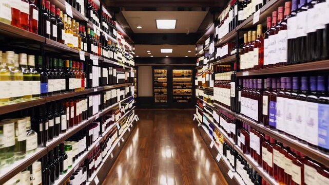 Fully stocked supermarket wine aisle with rows of bottles under warm lighting and polished wooden floor, representing alcohol sale