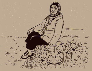 grandma and chickens vector sketch. old lady walking chickens vector sketch