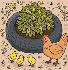 hen broody and chicks vector sketch coloring