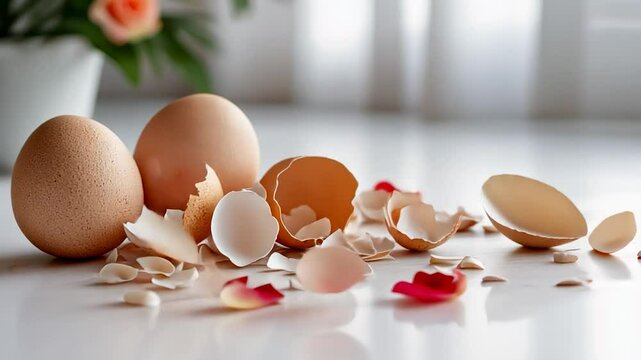 Brown eggs and cracked shells scattered on a clean white surface with delicate red rose petals a vibrant and natural still life - Powered by Adobe