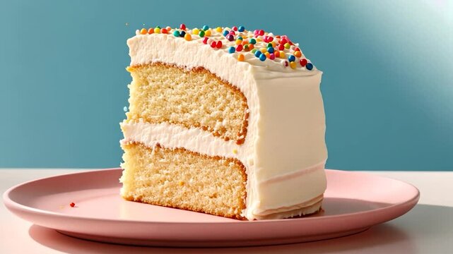 Delicious slice of vanilla cake with white frosting and colorful sprinkles on pink plate against blue background