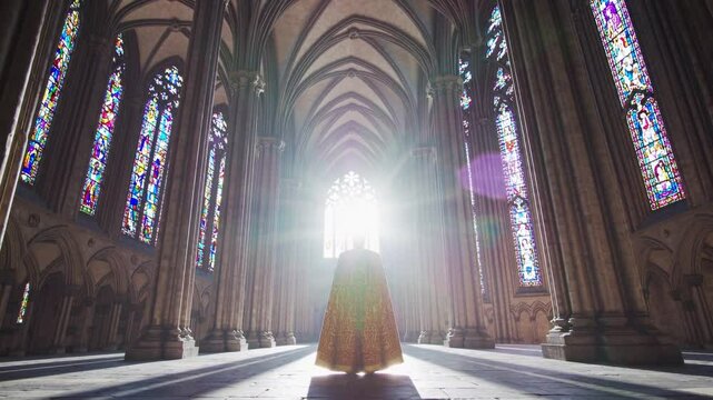 King standing in divine light during coronation ceremony inside grand cathedral, surrounded by gothic arches and stained glass, symbolizing sacred monarchy, power, and divine right